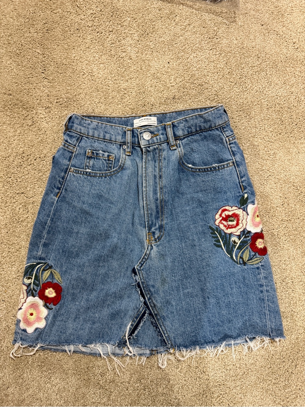 Zara Blue Denim Mini Skirt with Floral Embroidery